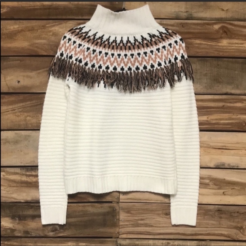 MinkPink white mock turtleneck fringe detail patterned funky sweater size xs - Picture 5 of 5